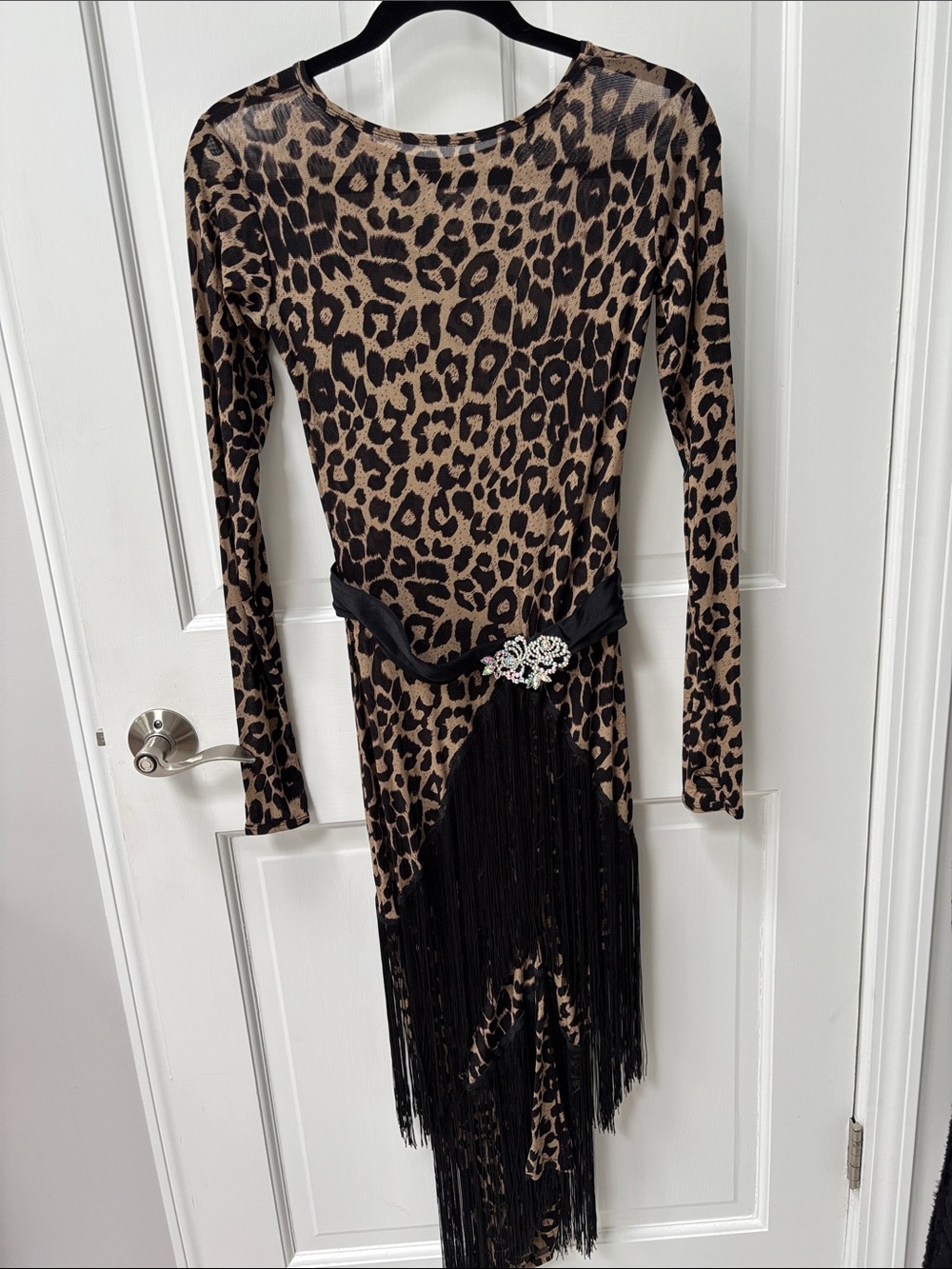Leopard Print Long Sleeve Fringe Dress - Brown/Black